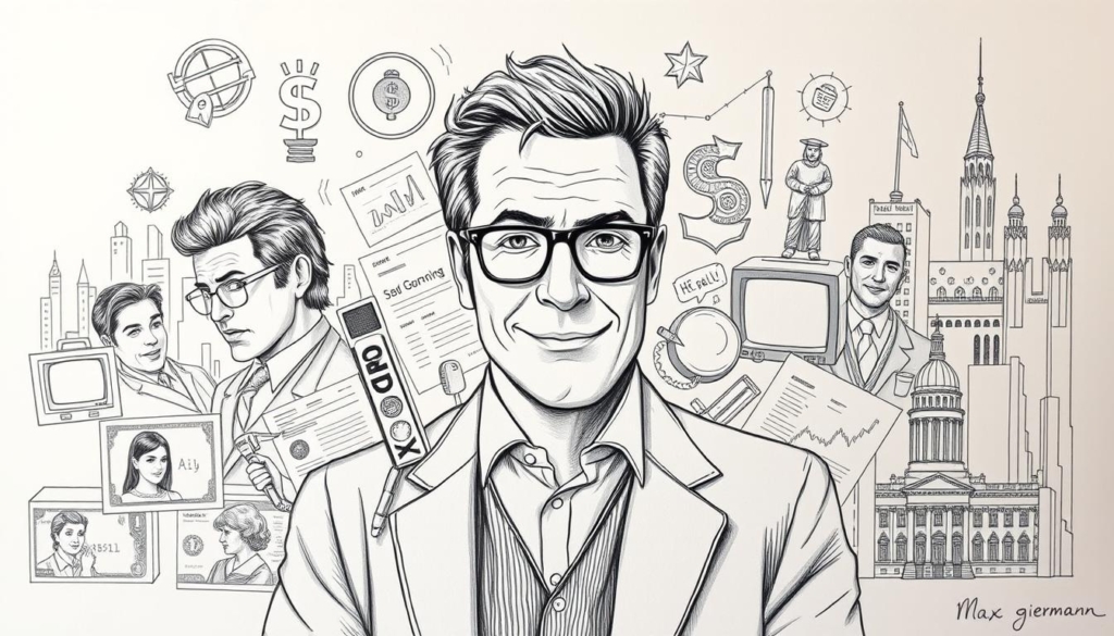 A detailed illustration of Max Giermann's various income sources, depicted in a stylized black and white format with selective color accents. The foreground showcases Giermann's diverse professional endeavors - acting, comedy, voice-over work, and television appearances - each represented by symbolic icons or vignettes. The middle ground features financial elements such as bank notes, investment charts, and contract documents, hinting at his broader business activities and wealth management. The background subtly incorporates architectural elements and cityscape motifs, conveying the urban setting and the scale of Giermann's success. The overall mood is one of sophistication, precision, and a nuanced understanding of Giermann's multi-faceted income streams. A detailed illustration of Max Giermann's various income sources, depicted in a stylized black and white format with selective color accents. The foreground showcases Giermann's diverse professional endeavors - acting, comedy, voice-over work, and television appearances - each represented by symbolic icons or vignettes. The middle ground features financial elements such as bank notes, investment charts, and contract documents, hinting at his broader business activities and wealth management. The background subtly incorporates architectural elements and cityscape motifs, conveying the urban setting and the scale of Giermann's success. The overall mood is one of sophistication, precision, and a nuanced understanding of Giermann's multi-faceted income streams.