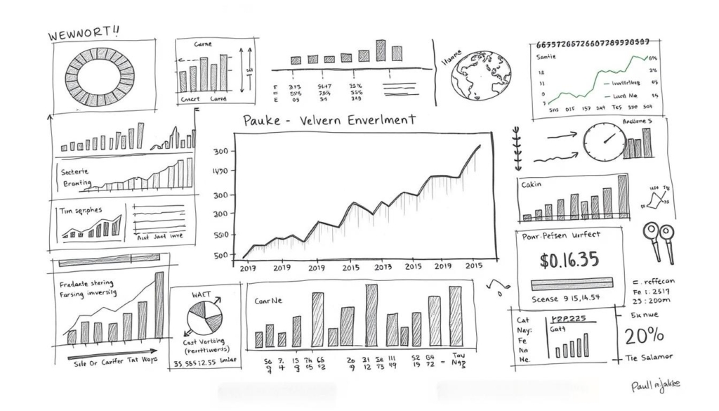 A detailed illustration of "Paul Janke Vermögen Entwicklung" in a black and white pencil sketch with strategic pops of color. The composition features a central graph depicting Paul's net worth over time, surrounded by supporting financial data visualizations, such as charts and infographics. The overall mood is serious and analytical, reflecting the financial subject matter. The lighting is soft and directional, casting subtle shadows that add depth and dimension to the scene. The camera angle is slightly elevated, providing an overview of the comprehensive financial overview.
