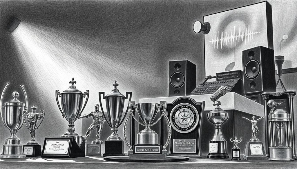 A detailed image of awards and accolades for a music producer. In the foreground, a collection of metallic trophies, statuettes, and plaques depicting various industry honors and achievements. The middle ground features a moody, chiaroscuro-style backdrop with a spotlight illuminating the awards, casting dramatic shadows. In the background, a hazy, abstract representation of a recording studio or music production environment, with hints of equipment and soundwaves. The image is rendered in a predominantly monochrome palette of graphite black and white, with selective pops of color - perhaps a metallic sheen on the awards or a subtle accent hue in the background. The overall atmosphere conveys a sense of professional recognition, prestige, and the meticulous craft of music production. A detailed image of awards and accolades for a music producer. In the foreground, a collection of metallic trophies, statuettes, and plaques depicting various industry honors and achievements. The middle ground features a moody, chiaroscuro-style backdrop with a spotlight illuminating the awards, casting dramatic shadows. In the background, a hazy, abstract representation of a recording studio or music production environment, with hints of equipment and soundwaves. The image is rendered in a predominantly monochrome palette of graphite black and white, with selective pops of color - perhaps a metallic sheen on the awards or a subtle accent hue in the background. The overall atmosphere conveys a sense of professional recognition, prestige, and the meticulous craft of music production.