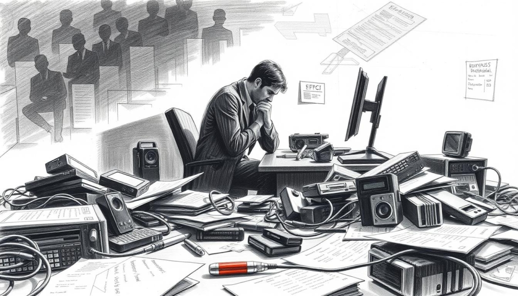 A detailed investigation scene unfolding in monochromatic tones, with strategic pops of color. In the foreground, a scattered array of digital devices, cables, and documents allude to the "Emmyruss Datenskandal." The middle ground showcases a thoughtful investigator, hunched over a desk, piecing together clues. The background is shrouded in shadows, hinting at the gravity and complexity of the situation. Dramatic lighting casts dramatic shadows, creating a palpable sense of intrigue. Graphite textures and subtle gradients lend an air of sophistication, while the selective use of color draws the viewer's eye to crucial details. An impactful visual interpretation of the "Emmyruss Leak: Der Skandal im Detail."