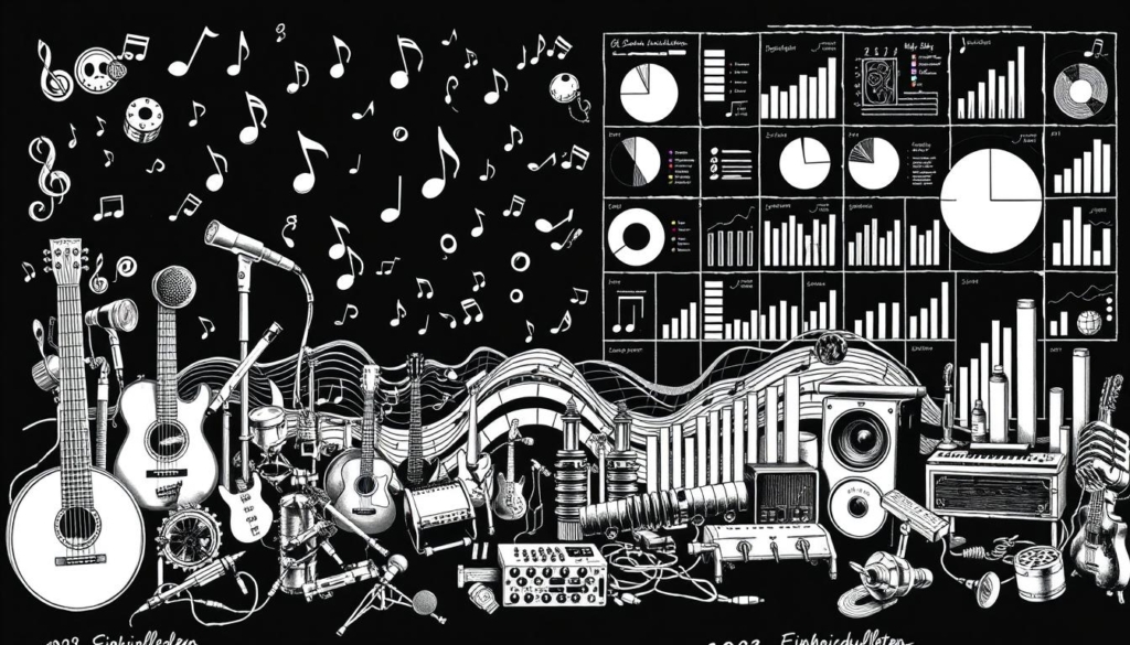 A detailed, meticulously-crafted illustration of various revenue streams in the music industry, rendered in a striking black-and-white palette with selective color accents. The foreground depicts a diverse array of musical instruments, microphones, and recording equipment, symbolizing the different creative facets of the industry. The middle ground showcases flowing musical notes and waveforms, representing the distribution and consumption of music. In the background, a grid of pie charts and bar graphs illuminates the complex financial mechanisms underpinning the industry, from album sales and streaming to licensing and merchandising. The overall composition conveys the multifaceted nature of the music industry's Einnahmequellen, or revenue sources, in a visually captivating and informative manner.