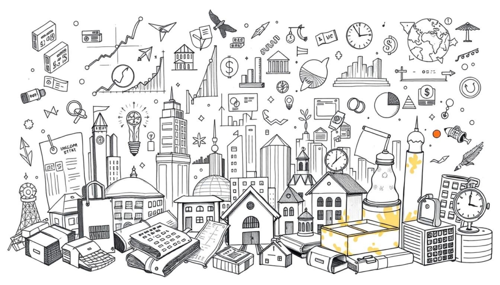 A detailed, monochrome illustration of diverse income sources and wealth-building strategies. Depicted in a clean, technical style with subtle splashes of color to highlight key elements. The foreground showcases various financial instruments like stocks, bonds, and real estate, arranged in a balanced composition. The middle ground features abstract representations of passive income streams and entrepreneurial ventures. The background subtly incorporates visualizations of compound interest, investment portfolios, and retirement planning. The overall mood is one of focused intentionality, conveying the complexity and importance of cultivating multiple income sources for sustainable wealth accumulation.