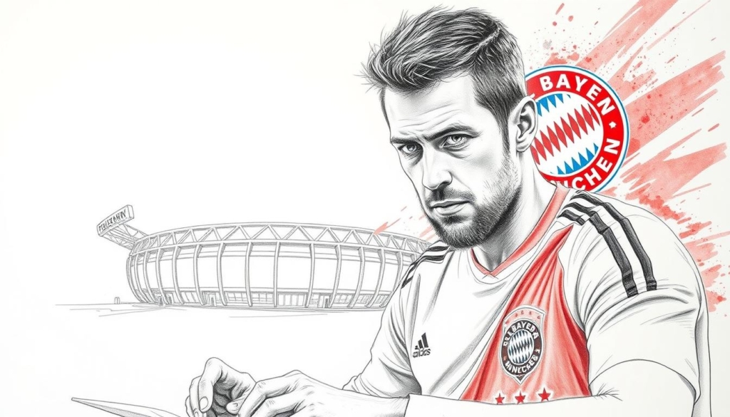 A detailed pencil sketch of former Bayern München footballer Sebastian Deisler, depicting his transfer and subsequent career with the German powerhouse club. The foreground shows Deisler, clad in a Bayern uniform, signing a contract, conveying the pivotal moment of his high-profile move. The middle ground features the iconic Allianz Arena stadium, hinting at Deisler's on-field exploits in Bavaria. The background is a soft, textured gradient, allowing the subject to take center stage. Subtle splashes of color, such as the Bayern crest and Deisler's piercing eyes, draw the viewer's focus to the key elements. The overall mood is one of significance and anticipation, reflecting the article's theme of Deisler's sporting and financial peak during his Bayern München years.