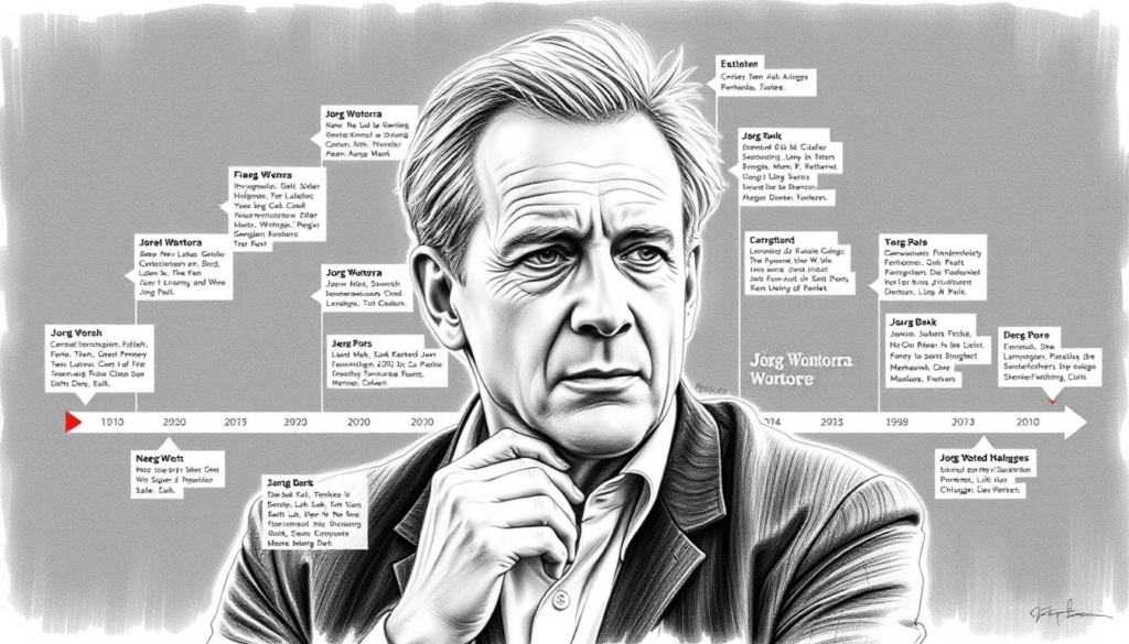 A detailed portrait of Jörg Wontorra, a prominent German sports journalist and television presenter, showcasing the key milestones of his extensive career. The image depicts Wontorra in a contemplative pose, surrounded by a graphical timeline highlighting his notable achievements, awards, and transitions through various media roles over the decades. The composition features a minimalist, monochrome aesthetic with strategic pops of color to accentuate significant events, creating a visually striking and informative representation of Wontorra's remarkable career journey.