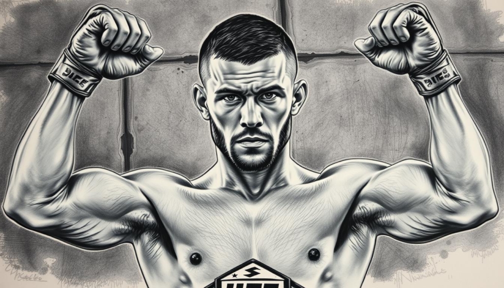 A detailed portrait of MMA fighter Nate Diaz, his hands raised in a confident stance, showcasing his impressive physique and competitive spirit. The foreground features Diaz's chiseled features, intense gaze, and tattoos, rendered in precise black and white tones. The middle ground highlights his fight-ready pose, with subtle pops of color accentuating his gloves and shorts. The background depicts a gritty, urban setting, with textured concrete walls and a moody, atmospheric lighting, creating a sense of power and determination. The overall image conveys Diaz's success, financial stability, and the sources of his income, reflecting the article's focus on his wealth and career achievements. A detailed portrait of MMA fighter Nate Diaz, his hands raised in a confident stance, showcasing his impressive physique and competitive spirit. The foreground features Diaz's chiseled features, intense gaze, and tattoos, rendered in precise black and white tones. The middle ground highlights his fight-ready pose, with subtle pops of color accentuating his gloves and shorts. The background depicts a gritty, urban setting, with textured concrete walls and a moody, atmospheric lighting, creating a sense of power and determination. The overall image conveys Diaz's success, financial stability, and the sources of his income, reflecting the article's focus on his wealth and career achievements.
