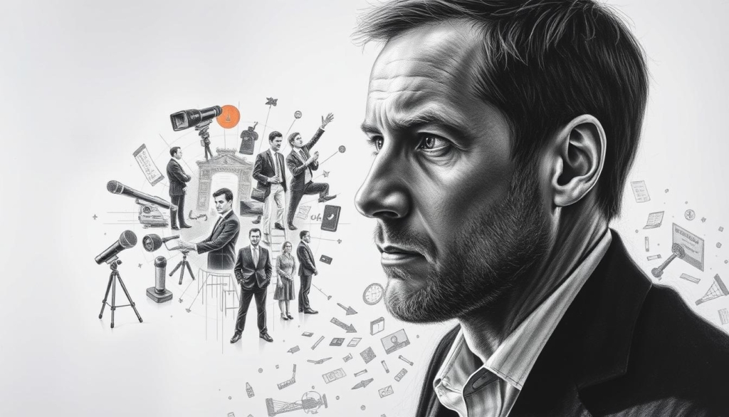 A detailed portrait of Simon Gosejohann, showcasing his career journey. A focused headshot in the foreground, with a shadowy silhouette of Gosejohann in the background, creating depth and visual interest. The subject's face is rendered in precise detail, capturing his thoughtful expression. The middle ground features a collage of visual cues hinting at his diverse professional experiences - a microphone, a television camera, a business suit, and other symbolic elements. The overall mood is one of quiet contemplation, with muted tones of black, white, and selective pops of color to draw the eye. The lighting is soft and directional, creating subtle shadows and highlights that enhance the subject's features. The composition is balanced and visually engaging, inviting the viewer to explore the intricacies of Gosejohann's career path. A detailed portrait of Simon Gosejohann, showcasing his career journey. A focused headshot in the foreground, with a shadowy silhouette of Gosejohann in the background, creating depth and visual interest. The subject's face is rendered in precise detail, capturing his thoughtful expression. The middle ground features a collage of visual cues hinting at his diverse professional experiences - a microphone, a television camera, a business suit, and other symbolic elements. The overall mood is one of quiet contemplation, with muted tones of black, white, and selective pops of color to draw the eye. The lighting is soft and directional, creating subtle shadows and highlights that enhance the subject's features. The composition is balanced and visually engaging, inviting the viewer to explore the intricacies of Gosejohann's career path.