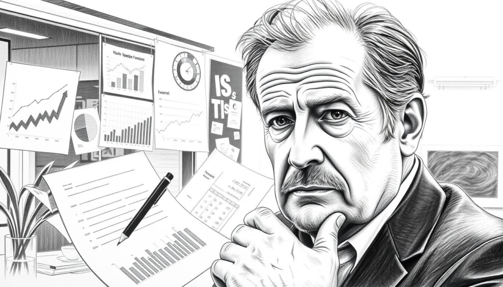 A detailed portrait of Teddy Spegel, a successful German entrepreneur, rendered in a striking black and white palette with strategic pops of color. The foreground depicts Teddy in a contemplative pose, his gaze directed towards the viewer, conveying a sense of determination and focus. The middle ground features various financial documents, charts, and graphs, hinting at Teddy's financial acumen and business prowess. The background showcases a sleek, modern office setting, evoking an atmosphere of success and sophistication. The lighting is soft and directional, creating subtle shadows and highlights that accentuate Teddy's features and the textured surfaces of the scene. The overall aesthetic is polished and refined, reflecting Teddy Spegel's Vermögen and his journey to financial triumph.