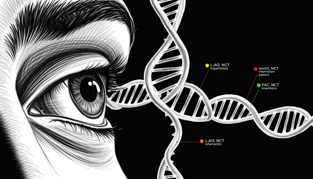 A detailed schematic illustration depicting the genetic inheritance of Leber's hereditary optic neuropathy (LHON). The foreground showcases a stylized human eye, with the optic nerve and retinal structures highlighted in intricate black and white shading. The middle ground features a DNA double helix, its strands intertwining to represent the genetic transmission of this condition. In the background, subtle pops of color accentuate key genetic markers and inheritance patterns, creating a technical yet visually striking composition. The overall mood is one of scientific precision and medical illustration, with a balanced use of contrasting tones and selective color accents to enhance the informative nature of the image. A detailed schematic illustration depicting the genetic inheritance of Leber's hereditary optic neuropathy (LHON). The foreground showcases a stylized human eye, with the optic nerve and retinal structures highlighted in intricate black and white shading. The middle ground features a DNA double helix, its strands intertwining to represent the genetic transmission of this condition. In the background, subtle pops of color accentuate key genetic markers and inheritance patterns, creating a technical yet visually striking composition. The overall mood is one of scientific precision and medical illustration, with a balanced use of contrasting tones and selective color accents to enhance the informative nature of the image.