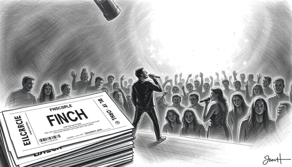 A dimly lit concert hall, the stage illuminated by a single spotlight. Finch, a rising rap star, stands center stage, microphone in hand, captivating the audience with his passionate performance. The crowd, a sea of silhouettes, sway and cheer, their faces cast in shadow. In the foreground, a stack of Finch's concert tickets, the edges crisp and the text stark against the monochrome palette. Hints of color, perhaps a vibrant album cover or a band logo, add visual interest, drawing the eye to the heart of the scene. The overall atmosphere is one of energy, determination, and the thrill of the live music experience, a testament to the financial highs and lows of a successful rap career.