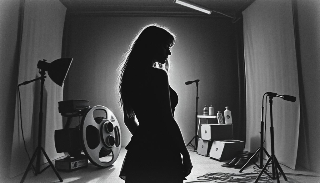 A dimly lit, moody studio setting. In the foreground, a female figure stands with a contemplative expression, her silhouette backlit to create an air of mystery. Surrounding her, a muted palette of greys and blacks, with subtle splashes of color - perhaps a vintage film reel, the glint of a camera lens, or a tasteful prop hinting at the industry. The middle ground is populated with subtle details that evoke the adult film world, but with a sense of restraint and artistry. The background is slightly blurred, suggesting a larger, industrialized backdrop. The lighting is dramatic, creating a chiaroscuro effect that lends a sense of gravity and weight to the scene. The overall atmosphere is one of quiet introspection, hinting at the complexities and controversies surrounding this career path. A dimly lit, moody studio setting. In the foreground, a female figure stands with a contemplative expression, her silhouette backlit to create an air of mystery. Surrounding her, a muted palette of greys and blacks, with subtle splashes of color - perhaps a vintage film reel, the glint of a camera lens, or a tasteful prop hinting at the industry. The middle ground is populated with subtle details that evoke the adult film world, but with a sense of restraint and artistry. The background is slightly blurred, suggesting a larger, industrialized backdrop. The lighting is dramatic, creating a chiaroscuro effect that lends a sense of gravity and weight to the scene. The overall atmosphere is one of quiet introspection, hinting at the complexities and controversies surrounding this career path.