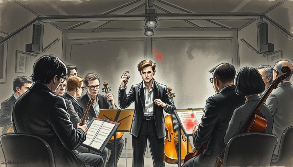 A dimly lit rehearsal studio in Leipzig, the Erich-Weinert-Ensemble gathered around their leader, Frank Schöbel. The scene is captured in a charcoal-like illustration, with muted tones punctuated by splashes of color highlighting the expressive faces and instruments. Schöbel, a young man with a determined gaze, stands at the center, conducting his ensemble with a graceful, yet commanding presence. The background is hazy, suggesting the focus is on the intimate musical connection between the musicians. The overall atmosphere evokes a sense of artistic passion and the formative years that shaped Schöbel's musical journey. A dimly lit rehearsal studio in Leipzig, the Erich-Weinert-Ensemble gathered around their leader, Frank Schöbel. The scene is captured in a charcoal-like illustration, with muted tones punctuated by splashes of color highlighting the expressive faces and instruments. Schöbel, a young man with a determined gaze, stands at the center, conducting his ensemble with a graceful, yet commanding presence. The background is hazy, suggesting the focus is on the intimate musical connection between the musicians. The overall atmosphere evokes a sense of artistic passion and the formative years that shaped Schöbel's musical journey.