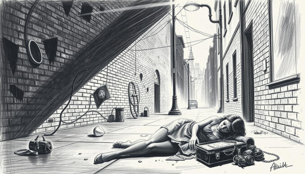 A dimly lit summer night in 1973, shadows cast by a lone streetlamp. In the foreground, a young woman lies unconscious on the ground, her face shrouded in darkness. Nearby, a discarded purse and shattered glass speak of a struggle. In the middle ground, a deserted city alley, its brick walls spattered with muted splashes of color, hinting at a tragic event. The background fades into a hazy, monochromatic cityscape, the only hint of warmth a faint glow from a distant window. The scene is rendered in a somber, pencil-sketch style, with a sense of unease and lingering uncertainty. A dimly lit summer night in 1973, shadows cast by a lone streetlamp. In the foreground, a young woman lies unconscious on the ground, her face shrouded in darkness. Nearby, a discarded purse and shattered glass speak of a struggle. In the middle ground, a deserted city alley, its brick walls spattered with muted splashes of color, hinting at a tragic event. The background fades into a hazy, monochromatic cityscape, the only hint of warmth a faint glow from a distant window. The scene is rendered in a somber, pencil-sketch style, with a sense of unease and lingering uncertainty.