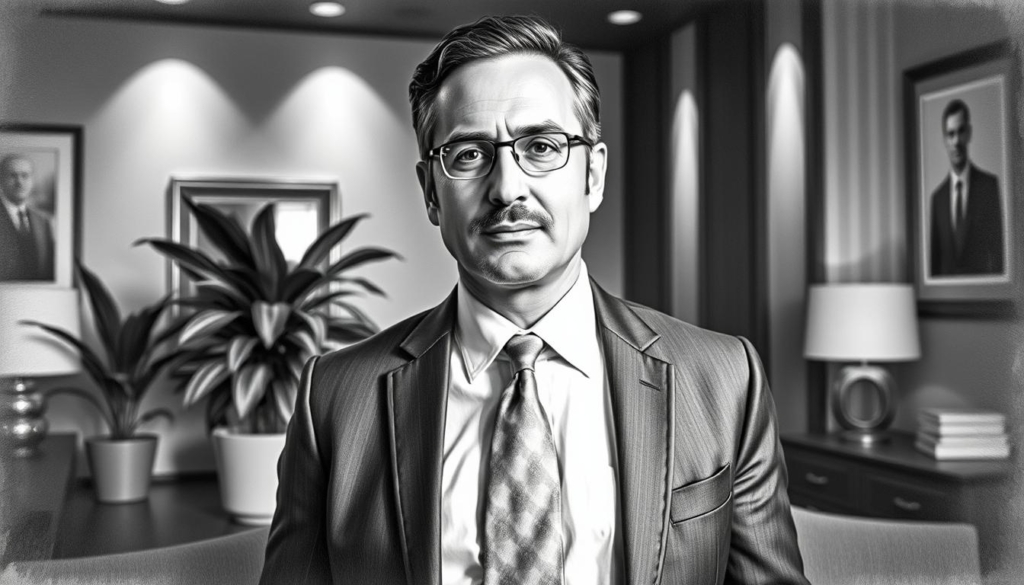 A distinguished man with a dignified presence, Kevork Kazanjian stands in a well-appointed office, dressed in a tailored suit with a crisp white shirt and a subtle tie. His expression is one of confidence and authority, his gaze directed towards the viewer. The scene is rendered in a muted black and white palette, with pops of color in the form of a vibrant green plant and a few carefully placed accents, creating a sense of balance and sophistication. The lighting is soft and atmospheric, casting subtle shadows that add depth and dimension to the image. The overall effect is one of understated elegance, reflecting the subject's position as a successful business partner.