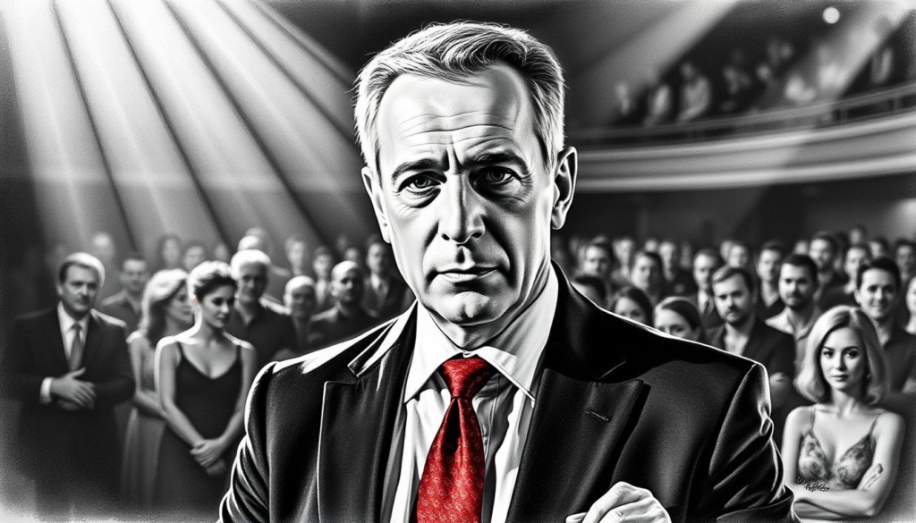 A distinguished middle-aged man, Jorge Gonzalez, stands confidently at the center of the "Let's Dance" jury, his gaze sharp and his expression focused. The stage is bathed in a soft, dramatic lighting, casting shadows that accentuate the angular features of his face. In the background, a blurred audience watches intently, creating a sense of energy and anticipation. The image is rendered in a striking black-and-white palette, with occasional pops of color - perhaps a vibrant red tie or a subtle shimmer on his suit - drawing the eye to the key details. The overall atmosphere conveys a sense of importance and success, reflecting Jorge Gonzalez's renowned expertise and influence in the world of dance.