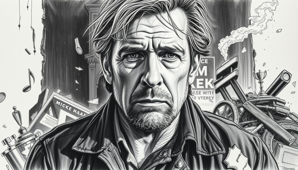 A dramatic black and white illustration of Mickey Rourke, once a rising star, now weathered and weary, standing amidst the rubble of his former glory. Shards of color – a tattered movie poster, the glint of a trophy, the embers of a cigarette – punctuate the scene, hinting at his tumultuous journey back to the spotlight. Harsh shadows cast across his weathered face, capturing the trials and tribulations of his "Comeback Karriere". The composition is bold and cinematic, drawing the viewer into the poignant narrative of this legendary actor's personal and professional resurgence.