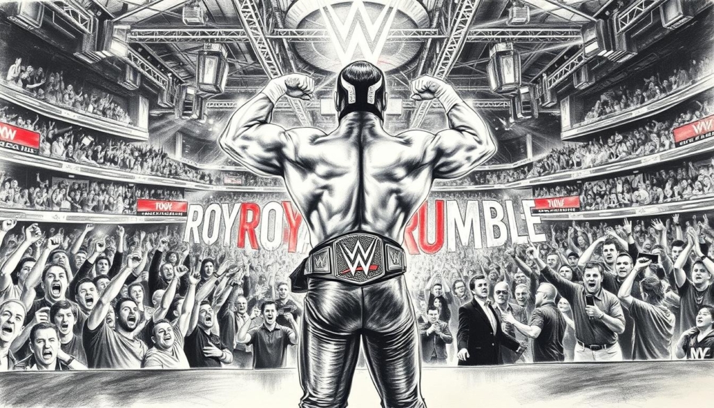 A dramatic black and white scene depicting the pinnacle of a professional wrestling champion's career, with pops of color highlighting the intensity of the moment. In the foreground, a victorious wrestler in a striking pose, their championship belt gleaming. In the middle ground, a chaotic crowd erupting in celebration, their faces etched in awe. In the background, the grand stage of the Royal Rumble event, the arena's architecture lending an air of grandeur. The lighting is dramatic, casting dramatic shadows and emphasizing the athlete's muscular physique. The overall mood is one of triumph, pride, and the culmination of a hard-fought journey to the top. A dramatic black and white scene depicting the pinnacle of a professional wrestling champion's career, with pops of color highlighting the intensity of the moment. In the foreground, a victorious wrestler in a striking pose, their championship belt gleaming. In the middle ground, a chaotic crowd erupting in celebration, their faces etched in awe. In the background, the grand stage of the Royal Rumble event, the arena's architecture lending an air of grandeur. The lighting is dramatic, casting dramatic shadows and emphasizing the athlete's muscular physique. The overall mood is one of triumph, pride, and the culmination of a hard-fought journey to the top.