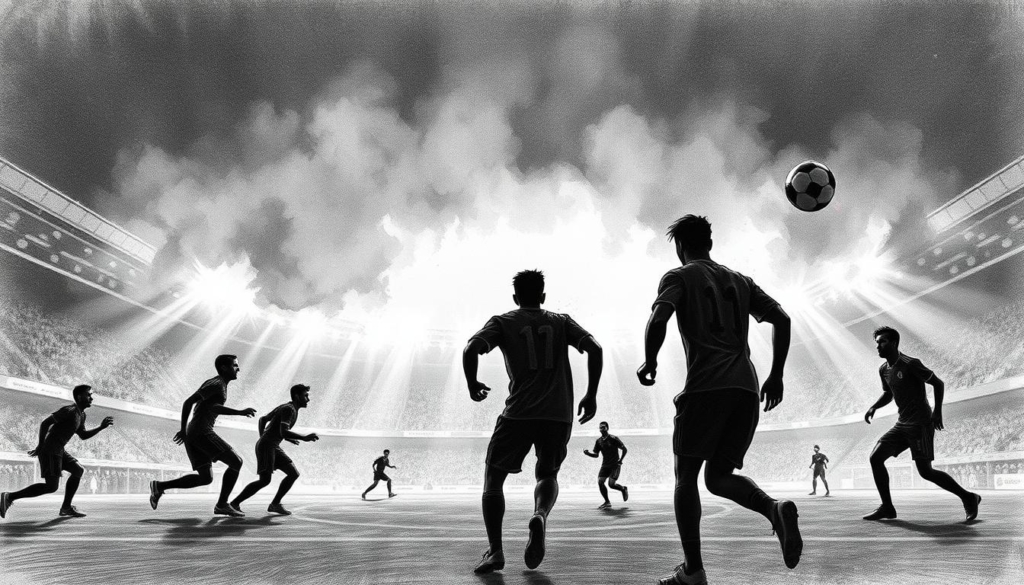A dramatic soccer match unfolds in Madrid, the players' silhouettes etched in monochrome against a stadium bathed in pulsing spotlights. Swirling clouds of graphite-gray shadow and shafts of vibrant color accentuate the tension of the game-changing moment, as a single decisive goal is scored. Hints of scarlet and azure leap from the scene, punctuating the stark black-and-white composition with electric energy. Pencil-sketch textures lend an urgent, hand-drawn quality, capturing the raw emotion of this legendary sporting event in a striking, minimalist style. A dramatic soccer match unfolds in Madrid, the players' silhouettes etched in monochrome against a stadium bathed in pulsing spotlights. Swirling clouds of graphite-gray shadow and shafts of vibrant color accentuate the tension of the game-changing moment, as a single decisive goal is scored. Hints of scarlet and azure leap from the scene, punctuating the stark black-and-white composition with electric energy. Pencil-sketch textures lend an urgent, hand-drawn quality, capturing the raw emotion of this legendary sporting event in a striking, minimalist style.