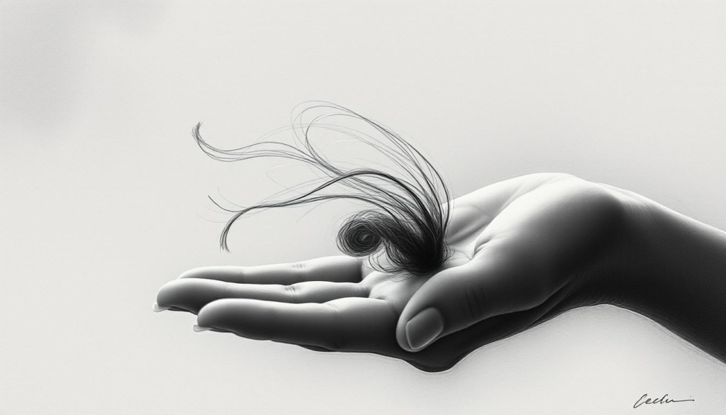 A dreamlike scene of a delicate hand, fingers unfurling to reveal a wispy bundle of hair. The strands cascade like ethereal tendrils, dancing in an unseen breeze. Soft, charcoal-gray tones dominate, punctuated by muted, almost imperceptible hints of color - a whisper of blue, a touch of gold. The background fades into a hazy, indistinct realm, allowing the focal point of the hand and the hair to command attention. The lighting is subtle, casting gentle shadows that accentuate the fragility and transience of the moment. This surreal, pensive composition evokes the themes of introspection, the subconscious, and the enigmatic nature of dreams. A dreamlike scene of a delicate hand, fingers unfurling to reveal a wispy bundle of hair. The strands cascade like ethereal tendrils, dancing in an unseen breeze. Soft, charcoal-gray tones dominate, punctuated by muted, almost imperceptible hints of color - a whisper of blue, a touch of gold. The background fades into a hazy, indistinct realm, allowing the focal point of the hand and the hair to command attention. The lighting is subtle, casting gentle shadows that accentuate the fragility and transience of the moment. This surreal, pensive composition evokes the themes of introspection, the subconscious, and the enigmatic nature of dreams.