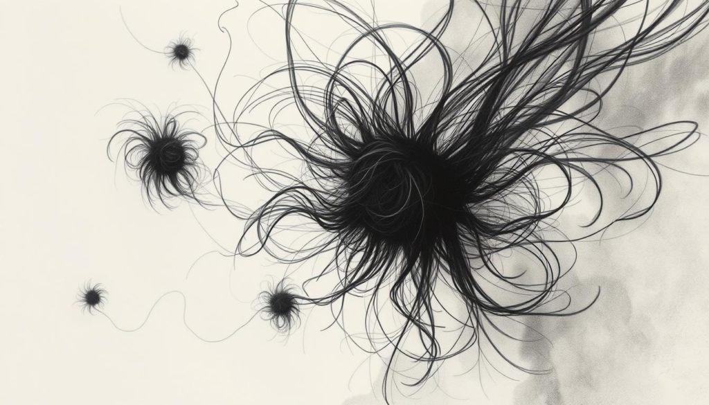 A dreamlike vision of recurring tufts of hair, delicately rendered in shades of graphite with hints of subtle color. A swirling, ethereal composition that evokes the subconscious, with strands seemingly drifting and converging in an ambiguous space. Chiaroscuro lighting casts dramatic shadows, creating a sense of depth and mystery. The focus is sharp on the foreground elements, while the background fades into a soft, atmospheric blur. This image captures the essence of the intriguing subject, inviting the viewer to ponder the symbolic significance of these recurring dream motifs. A dreamlike vision of recurring tufts of hair, delicately rendered in shades of graphite with hints of subtle color. A swirling, ethereal composition that evokes the subconscious, with strands seemingly drifting and converging in an ambiguous space. Chiaroscuro lighting casts dramatic shadows, creating a sense of depth and mystery. The focus is sharp on the foreground elements, while the background fades into a soft, atmospheric blur. This image captures the essence of the intriguing subject, inviting the viewer to ponder the symbolic significance of these recurring dream motifs.
