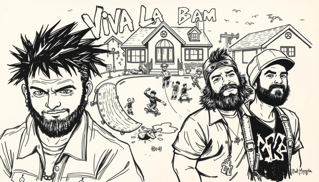 A dynamic, hand-drawn illustration of the "Viva La Bam" reality TV series, captured in a gritty, punk-inspired black and white aesthetic with selective splashes of color. The foreground depicts Bam Margera and his crew of mischievous skateboarders, their expressions conveying a playful, rebellious spirit. In the middle ground, the chaos of their stunts and pranks unfolds, with a half-pipe ramp and other skate park elements adding depth and movement. The background features the recognizable Margera family home, its architecture rendered in bold lines and shadows, hinting at the show's domestic setting. The overall mood is one of youthful energy, defiance, and the thrill of living life on the edge, with the limited color palette accentuating the gritty, DIY sensibility of the "Viva La Bam" brand. A dynamic, hand-drawn illustration of the "Viva La Bam" reality TV series, captured in a gritty, punk-inspired black and white aesthetic with selective splashes of color. The foreground depicts Bam Margera and his crew of mischievous skateboarders, their expressions conveying a playful, rebellious spirit. In the middle ground, the chaos of their stunts and pranks unfolds, with a half-pipe ramp and other skate park elements adding depth and movement. The background features the recognizable Margera family home, its architecture rendered in bold lines and shadows, hinting at the show's domestic setting. The overall mood is one of youthful energy, defiance, and the thrill of living life on the edge, with the limited color palette accentuating the gritty, DIY sensibility of the "Viva La Bam" brand.