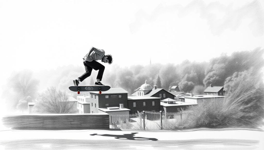A dynamic, monochromatic scene showcasing the essence of Einnahmequellen Skateboarding. In the foreground, a skilled skater mid-ollie, their board a blur of motion against a stark, graphite-toned backdrop. Subtle pops of color - the gleam of a chrome truck, the vibrant red of a truck bolt - punctuate the composition, drawing the eye to the intricate details that define this lifestyle. The middle ground reveals an urban landscape, buildings and infrastructure rendered in a high-contrast, architectural style, while the distant background blurs into an atmospheric, inky void, creating a sense of depth and focus. Dramatic, side-lighting casts dramatic shadows, imbuing the scene with a sense of dynamism and energy, perfectly capturing the spirit of Bam Margera's multifaceted income streams.