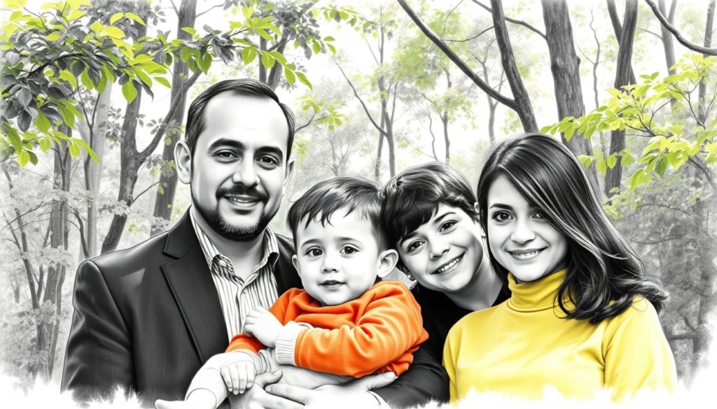 A family portrait of Manny Khoshbin, his wife Leyla, and their two children, set against a serene, lightly wooded backdrop. The scene is rendered in a sophisticated black-and-white palette, with subtle splashes of color highlighting key details - the vibrant green of the foliage, the warm tones of their clothing. Manny and his family are posed casually, their expressions relaxed and natural, conveying a sense of contentment and togetherness. The lighting is soft and diffused, casting gentle shadows that add depth and dimension to the image. The overall mood is one of tranquility and intimacy, reflecting the private, family-oriented side of this successful businessman's life. A family portrait of Manny Khoshbin, his wife Leyla, and their two children, set against a serene, lightly wooded backdrop. The scene is rendered in a sophisticated black-and-white palette, with subtle splashes of color highlighting key details - the vibrant green of the foliage, the warm tones of their clothing. Manny and his family are posed casually, their expressions relaxed and natural, conveying a sense of contentment and togetherness. The lighting is soft and diffused, casting gentle shadows that add depth and dimension to the image. The overall mood is one of tranquility and intimacy, reflecting the private, family-oriented side of this successful businessman's life.