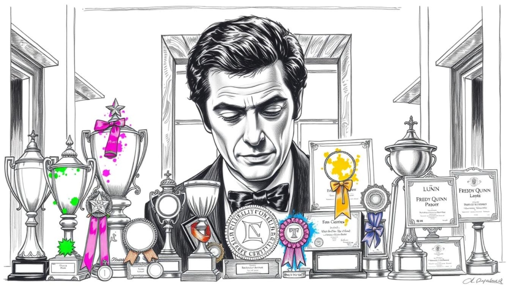 A finely detailed, black and white illustration depicting the prestigious awards and remarkable achievements of the renowned German singer and actor, Freddy Quinn. In the foreground, various trophies, medals, and certificates are displayed with colorful accents, showcasing his celebrated career. The middle ground features a portrait of Freddy Quinn, captured in a pensive, contemplative pose, his face illuminated by subtle splashes of color. In the background, a minimalist, architectural setting provides a clean, sophisticated backdrop, allowing the focus to remain on the subject's impressive accomplishments.