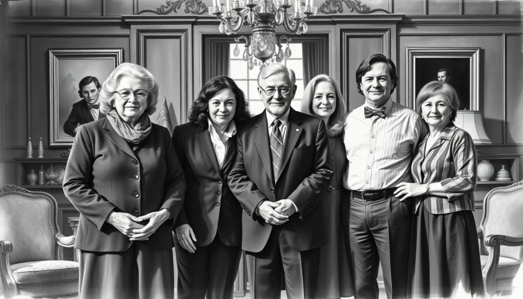 A four-generation family portrait, captured in a timeless black and white palette with strategic splashes of color. The Hitschler clan, gathered in a stately indoor setting, exuding an aura of prosperity and enduring legacy. Grandparents, parents, children, and grandchildren stand united, their faces etched with pride and determination - the embodiment of multigenerational success. Crisp, dramatic lighting accentuates the subjects' features, while subtle, painterly brushstrokes lend an artistic, heirloom-like quality to the scene. The overall mood is one of reverence, tradition, and the powerful bonds that unite this remarkable family across the generations.
