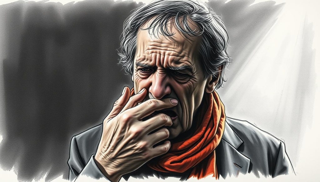 A frail, weary singer clutches his throat, a pained expression etched on his face. Dim, moody lighting casts shadows, accentuating the gravity of his health struggles. In the background, a blurred, hazy stage suggests the demands and pressures of his profession. Splashes of color, like a vibrant scarf or a single spotlight, cut through the somber tones, hinting at the resilience and artistry that persists. The overall scene conveys the financial and personal toll of the singer's health challenges, a poignant testament to the sacrifices made in pursuit of their craft. A frail, weary singer clutches his throat, a pained expression etched on his face. Dim, moody lighting casts shadows, accentuating the gravity of his health struggles. In the background, a blurred, hazy stage suggests the demands and pressures of his profession. Splashes of color, like a vibrant scarf or a single spotlight, cut through the somber tones, hinting at the resilience and artistry that persists. The overall scene conveys the financial and personal toll of the singer's health challenges, a poignant testament to the sacrifices made in pursuit of their craft.