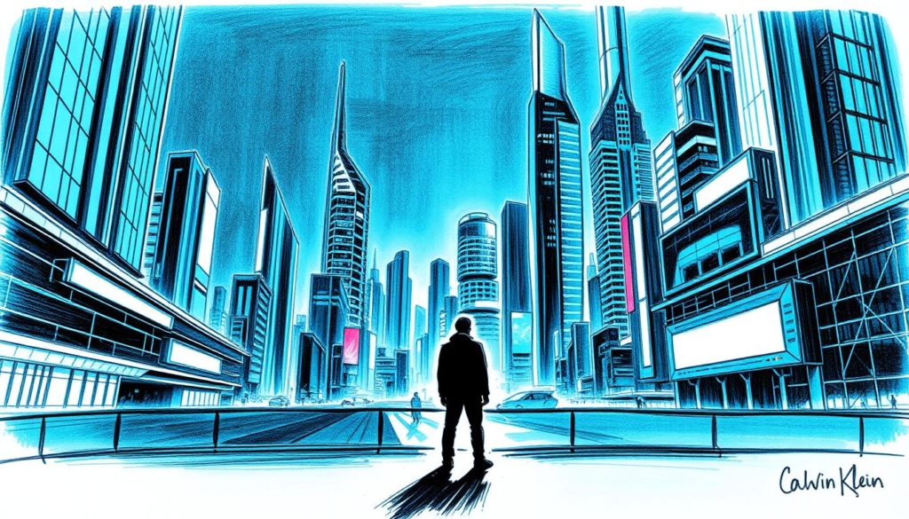 A futuristic cityscape with sleek high-rise buildings and a dynamic, modernist architecture. The scene is bathed in a cool, blue-tinted light, creating a sense of technological sophistication. In the foreground, a lone figure stands, their silhouette captured in a stark, black-and-white palette, with strategically placed pops of color highlighting key elements. The overall composition evokes a sense of progress, innovation, and the promise of a bold, new tomorrow - the "Zukunftsaussichten" or future prospects for Calvin Kleinen.
