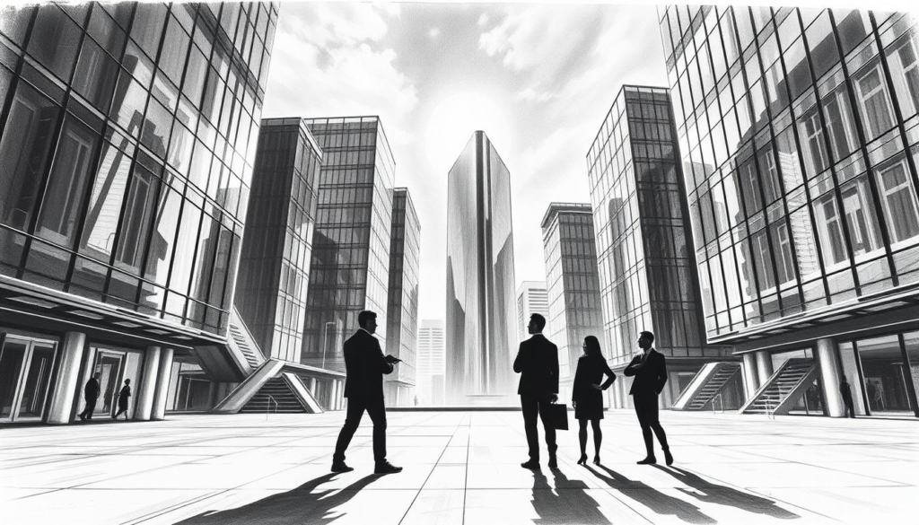 A futuristic, innovative corporate landscape with a focus on forward-thinking strategies and technologies. The scene depicts a sleek, minimalist office environment with sharp geometric shapes, clean lines, and a monochrome color palette accented by occasional pops of vibrant hues. Towering glass skyscrapers reach skyward, their facades reflecting the changing light and weather. In the foreground, stylized figures represent the leaders and innovators driving the company's vision, their silhouettes rendered in crisp black and white with strategic splashes of color hinting at their dynamism and creativity. The overall mood is one of progress, dynamism, and a bold, visionary spirit.