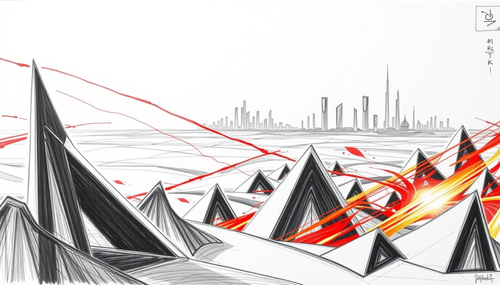 A futuristic landscape unfolds, hinting at the growth and evolution of wealth. In the foreground, sleek architectural forms in shades of black and white rise against a backdrop of vibrant pops of color - streaks of crimson and flashes of gold, suggestive of the dynamic nature of financial markets. The mid-ground features angular, geometric shapes that mimic the flow of data and information, while in the distance, a horizon of towering, minimalist structures symbolizes the looming potential of wealth accumulation. The scene is illuminated by a soft, natural light, casting long shadows and creating a sense of depth and dimension. The overall aesthetic is one of modern sophistication, balanced by a hint of uncertainty, capturing the essence of the "Zukunftsausblick Vermögensentwicklung."