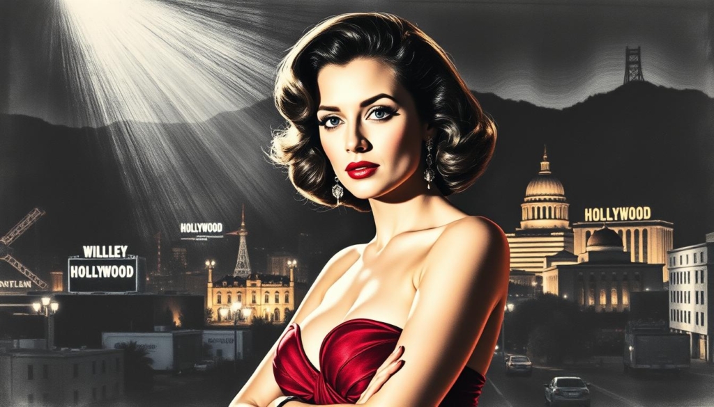 A glamorous Hollywood actress stands against a backdrop of towering studio lots, her silhouette illuminated by dramatic lighting. Intricate details of her face and figure are captured in high contrast, with strategic pops of color highlighting her striking features. The scene evokes a sense of the golden age of cinema, as she commands the attention of the camera with poise and confidence, embodying the essence of a leading lady on the big screen. A glamorous Hollywood actress stands against a backdrop of towering studio lots, her silhouette illuminated by dramatic lighting. Intricate details of her face and figure are captured in high contrast, with strategic pops of color highlighting her striking features. The scene evokes a sense of the golden age of cinema, as she commands the attention of the camera with poise and confidence, embodying the essence of a leading lady on the big screen.