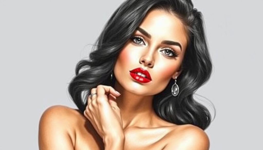 A glamorous female model poses confidently, her gaze direct and her expression poised. Soft, diffused lighting highlights the delicate features of her face, accentuating her high cheekbones and full lips. Her dark, wavy hair frames her face, creating an air of mystery. The background is a simple, understated grey, allowing the model to be the central focus. Subtle pops of color, such as a vibrant red lip or a touch of metallic jewelry, add visual interest and draw the viewer's eye to the subject. The overall mood is one of elegance, sophistication, and the transition from a successful modeling career to a new, empowered chapter as an OnlyFans personality.