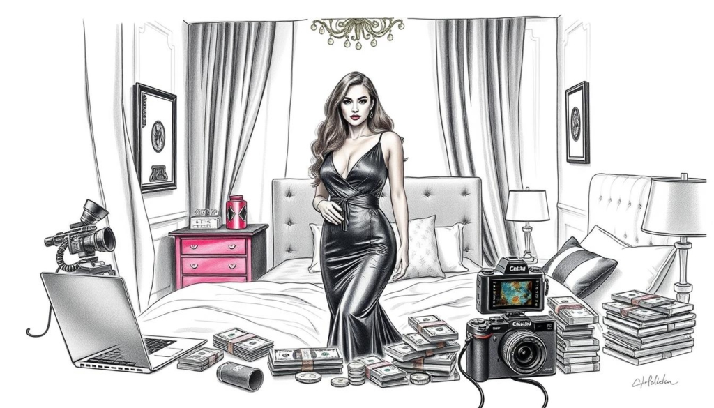 A glamorously dressed female influencer standing in a luxurious bedroom, surrounded by various sources of income such as a laptop, phone, camera equipment, and stacks of money. The lighting is soft and moody, with strategic pops of color highlighting the key elements. The overall atmosphere conveys a sense of wealth, success, and the diverse ways an influencer can monetize their online presence. The image should be rendered in a striking black and white palette with selective colorful accents, capturing the essence of the "Einnahmequellen Influencerin" concept.