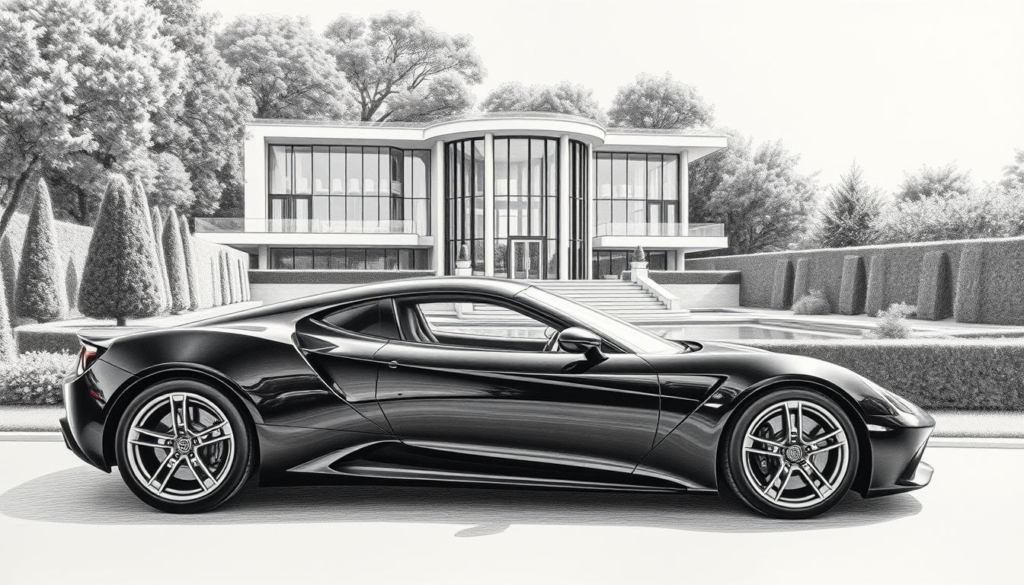 A grand mansion nestled amidst lush greenery, its sleek lines and gleaming glass facade exuding an air of refined elegance. The manicured gardens boast meticulously trimmed hedges, a serene reflection pool, and the occasional burst of color from carefully curated flower beds. In the foreground, a luxurious sports car, its glossy black finish accentuated by subtle pinstripes, commands attention, hinting at the owner's penchant for the finer things in life. The scene is bathed in a soft, warm light, casting subtle shadows and lending an air of tranquility to the composition. Pencil-drawn in a striking black and white palette, with select elements like the car's chrome trim or the vibrant flora infused with muted, deliberate splashes of color, creating a visually captivating and harmonious image.