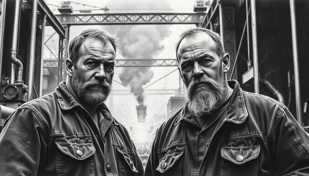 A gritty, monochrome scene of two rugged men, steel workers by trade, standing shoulder-to-shoulder against a backdrop of industrial machinery and towering metal structures. Dramatic chiaroscuro lighting casts their weathered faces in stark relief, punctuated by pops of color in the form of sparks, embers, and the occasional flare of welding torches. The men's expressions are resolute, their posture conveying a sense of camaraderie and hard-earned expertise. The overall atmosphere is one of grittiness, determination, and the relentless pursuit of their craft. A gritty, monochrome scene of two rugged men, steel workers by trade, standing shoulder-to-shoulder against a backdrop of industrial machinery and towering metal structures. Dramatic chiaroscuro lighting casts their weathered faces in stark relief, punctuated by pops of color in the form of sparks, embers, and the occasional flare of welding torches. The men's expressions are resolute, their posture conveying a sense of camaraderie and hard-earned expertise. The overall atmosphere is one of grittiness, determination, and the relentless pursuit of their craft.