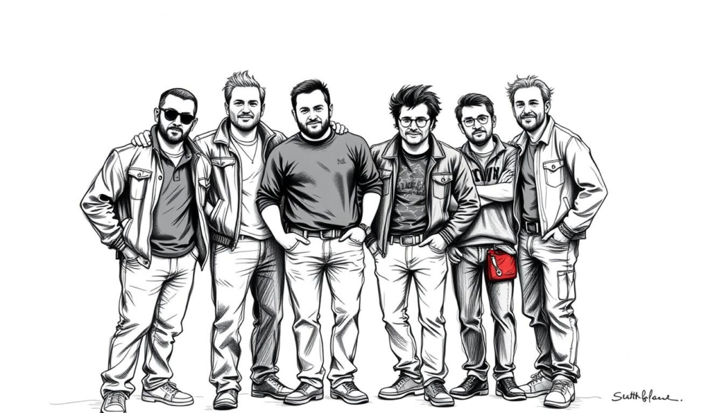 A group portrait of the Jackass crew standing together in a natural, candid setting. The members are depicted in a stylized, sketch-like black and white illustration with subtle, strategic pops of color that draw the eye to key details. The image captures the camaraderie, daring, and mischievous energy of the iconic stunt team, highlighting their individual personalities and unique contributions. The overall composition and rendering style evokes a raw, hand-drawn aesthetic that complements the article's focus on the wealth and success of the Jackass members. A group portrait of the Jackass crew standing together in a natural, candid setting. The members are depicted in a stylized, sketch-like black and white illustration with subtle, strategic pops of color that draw the eye to key details. The image captures the camaraderie, daring, and mischievous energy of the iconic stunt team, highlighting their individual personalities and unique contributions. The overall composition and rendering style evokes a raw, hand-drawn aesthetic that complements the article's focus on the wealth and success of the Jackass members.