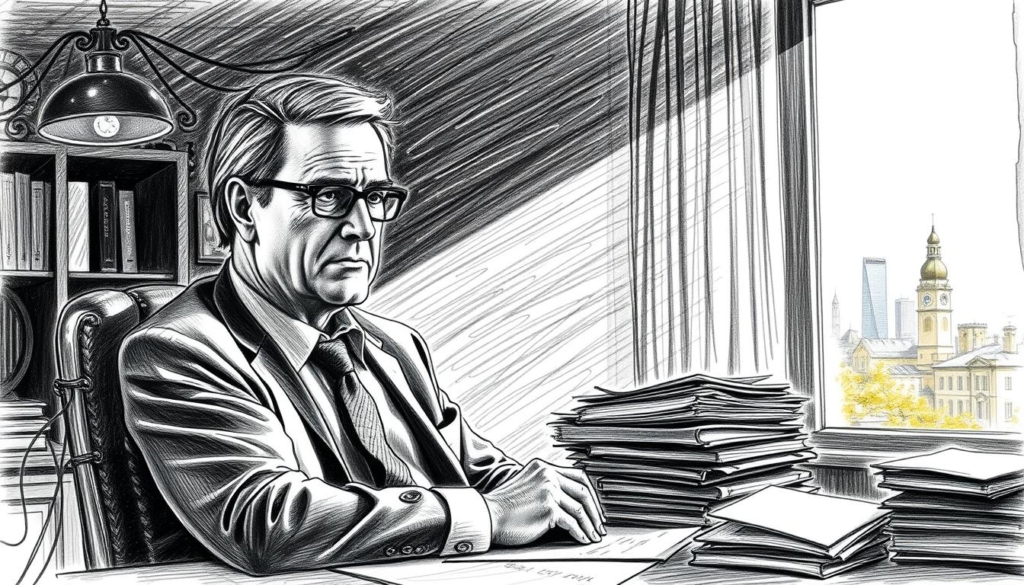 A hardworking politician, Herbert Reul, navigates the intricate web of political challenges, his face etched with determination. The scene depicts his office, a sanctuary amidst the chaos, illuminated by a focused, dramatic light that casts sharp shadows, lending an air of intensity. On his desk, a stack of files and papers, a testament to the weight of his responsibilities. In the background, a window offers a glimpse of the bustling city, a metaphor for the ever-changing landscape he must traverse. The image, rendered in a striking black and white palette with subtle pops of color, conveys the gravity of Reul's political work and the formidable obstacles he faces, yet hints at his unwavering resolve to overcome them. A hardworking politician, Herbert Reul, navigates the intricate web of political challenges, his face etched with determination. The scene depicts his office, a sanctuary amidst the chaos, illuminated by a focused, dramatic light that casts sharp shadows, lending an air of intensity. On his desk, a stack of files and papers, a testament to the weight of his responsibilities. In the background, a window offers a glimpse of the bustling city, a metaphor for the ever-changing landscape he must traverse. The image, rendered in a striking black and white palette with subtle pops of color, conveys the gravity of Reul's political work and the formidable obstacles he faces, yet hints at his unwavering resolve to overcome them.