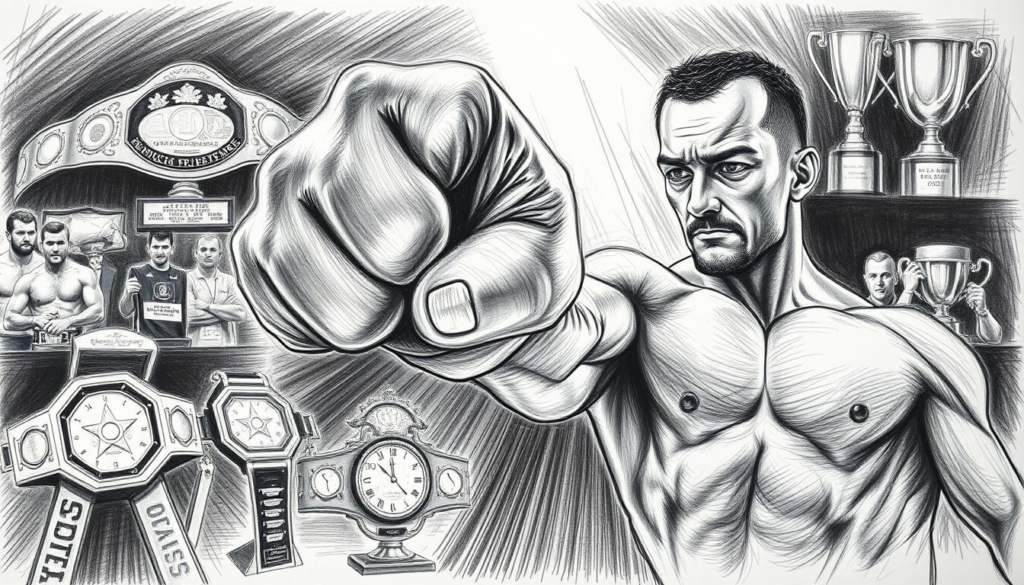 A heavyweight boxer's fist clenches in a powerful punch, knuckles gleaming under a single spotlight. In the background, a montage of past victories - championship belts, trophies, and action shots depicting the boxer's prowess and determination. Sketched in bold, graphite strokes with selective color accents highlighting the boxer's physique and the hardware of his achievements. Dramatic shadows and highlights convey the intensity and gravitas of a celebrated athletic career, while the monochrome palette lends an air of timeless artistry. The composition captures the essence of "Sportliche Erfolge Boxer" - the grit, skill, and hard-won laurels of a champion. A heavyweight boxer's fist clenches in a powerful punch, knuckles gleaming under a single spotlight. In the background, a montage of past victories - championship belts, trophies, and action shots depicting the boxer's prowess and determination. Sketched in bold, graphite strokes with selective color accents highlighting the boxer's physique and the hardware of his achievements. Dramatic shadows and highlights convey the intensity and gravitas of a celebrated athletic career, while the monochrome palette lends an air of timeless artistry. The composition captures the essence of "Sportliche Erfolge Boxer" - the grit, skill, and hard-won laurels of a champion.