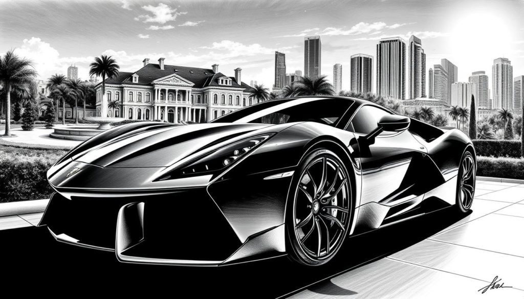 A high-contrast, black-and-white illustration depicting Sergio Ramos' extravagant lifestyle. In the foreground, a sleek, low-slung luxury sports car with striking angles and reflections. In the middle ground, a sprawling, stately mansion with a manicured garden and fountain. In the background, a skyline of modern, glass-and-steel high-rises. Subtle pops of color, like the gleam of chrome or the verdant foliage, draw the eye to key details. The scene exudes an aura of wealth, power and exclusivity, with a cinematic, dramatic lighting that casts dramatic shadows. The overall impression is one of Ramos' remarkable success and the trappings of his impressive fortune.