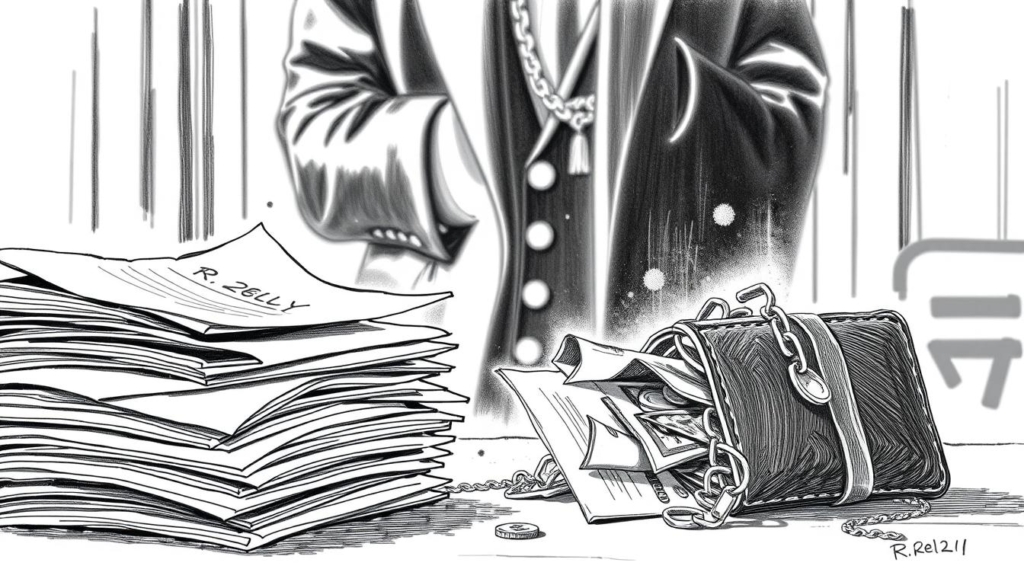 A high-contrast black and white illustration depicting the current financial situation of R. Kelly in the year 2024. In the foreground, a stack of legal documents and court files, suggesting the artist's ongoing legal troubles. The middle ground features a tattered and worn-looking wallet, its contents spilling out, symbolizing his diminished financial resources. In the background, a blurred and faded image of R. Kelly's former opulent lifestyle, now a distant memory. Splashes of color, such as a few stray dollar bills or a single gold chain, provide subtle hints of his past wealth and success. The overall mood is somber and reflective, conveying the artist's fallen status and the challenges he faces financially in the coming years. A high-contrast black and white illustration depicting the current financial situation of R. Kelly in the year 2024. In the foreground, a stack of legal documents and court files, suggesting the artist's ongoing legal troubles. The middle ground features a tattered and worn-looking wallet, its contents spilling out, symbolizing his diminished financial resources. In the background, a blurred and faded image of R. Kelly's former opulent lifestyle, now a distant memory. Splashes of color, such as a few stray dollar bills or a single gold chain, provide subtle hints of his past wealth and success. The overall mood is somber and reflective, conveying the artist's fallen status and the challenges he faces financially in the coming years.