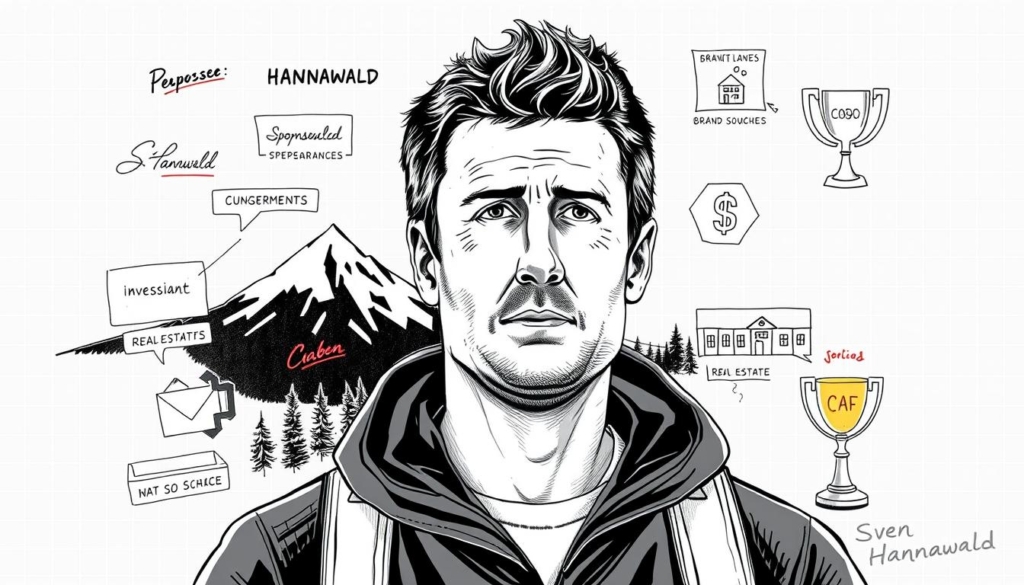A high-contrast black and white illustration depicting the diverse income sources of former ski jumper Sven Hannawald. In the foreground, a detailed rendering of Hannawald's face and upper body, with a pensive expression. Surrounding him, a series of geometric shapes and icons representing various revenue streams - sponsorship deals, TV appearances, brand endorsements, investments, and real estate. The middle ground features a stylized mountain landscape, hinting at his athletic career. In the background, a minimal grid pattern providing structure and emphasis. Subtle pops of color, such as a red signature or golden trophy, draw the eye to key elements. The overall mood is one of thoughtful reflection on Hannawald's multi-faceted financial success. A high-contrast black and white illustration depicting the diverse income sources of former ski jumper Sven Hannawald. In the foreground, a detailed rendering of Hannawald's face and upper body, with a pensive expression. Surrounding him, a series of geometric shapes and icons representing various revenue streams - sponsorship deals, TV appearances, brand endorsements, investments, and real estate. The middle ground features a stylized mountain landscape, hinting at his athletic career. In the background, a minimal grid pattern providing structure and emphasis. Subtle pops of color, such as a red signature or golden trophy, draw the eye to key elements. The overall mood is one of thoughtful reflection on Hannawald's multi-faceted financial success.