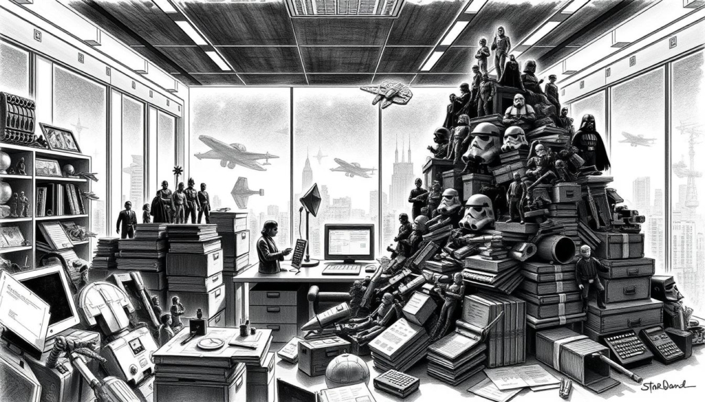 A high-contrast black and white illustration depicting the vast financial empire of the Star Wars franchise. In the foreground, a towering pile of merchandise - action figures, toys, collectibles, and memorabilia - casts long shadows across a sleek, modern office space. In the middle ground, a desk overflows with ledgers, spreadsheets, and calculators, reflecting the meticulous accounting behind the franchise's staggering commercial success. In the background, the iconic Millennium Falcon and other spaceship silhouettes loom, hinting at the source of this wealth - the beloved science fiction universe that has captured the imagination of generations. Subtle splashes of color, perhaps the glint of metallic details or the warm glow of computer monitors, punctuate the monochrome scene, creating a sense of depth and emphasizing the technological and financial might of the Star Wars merchandising juggernaut.