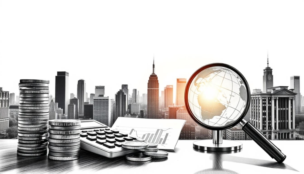 A high-contrast black and white illustration depicting various financial strategies and investment management tools. In the foreground, a stack of coins, a calculator, and a chart or graph showcasing financial data. In the middle ground, a magnifying glass examining investment portfolios and a globe representing global market trends. In the background, a cityscape of skyscrapers and financial institutions bathed in soft, colorful highlights, creating a sense of depth and sophistication. The overall mood is one of analytical precision, strategic planning, and prudent wealth management. A high-contrast black and white illustration depicting various financial strategies and investment management tools. In the foreground, a stack of coins, a calculator, and a chart or graph showcasing financial data. In the middle ground, a magnifying glass examining investment portfolios and a globe representing global market trends. In the background, a cityscape of skyscrapers and financial institutions bathed in soft, colorful highlights, creating a sense of depth and sophistication. The overall mood is one of analytical precision, strategic planning, and prudent wealth management.