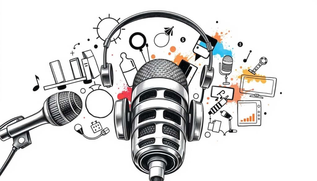 A high-contrast black and white illustration depicting various income sources for a talk show host. In the foreground, a microphone and headset suggest the tools of the trade, while in the middle ground, abstract shapes and symbols represent diverse revenue streams such as book deals, TV appearances, and brand endorsements. The background features a subtle grid or pattern, hinting at the complex web of financial opportunities available to a successful media personality. Punctuated by sparse but impactful splashes of color, the overall composition conveys a sense of professionalism, prestige, and financial security.