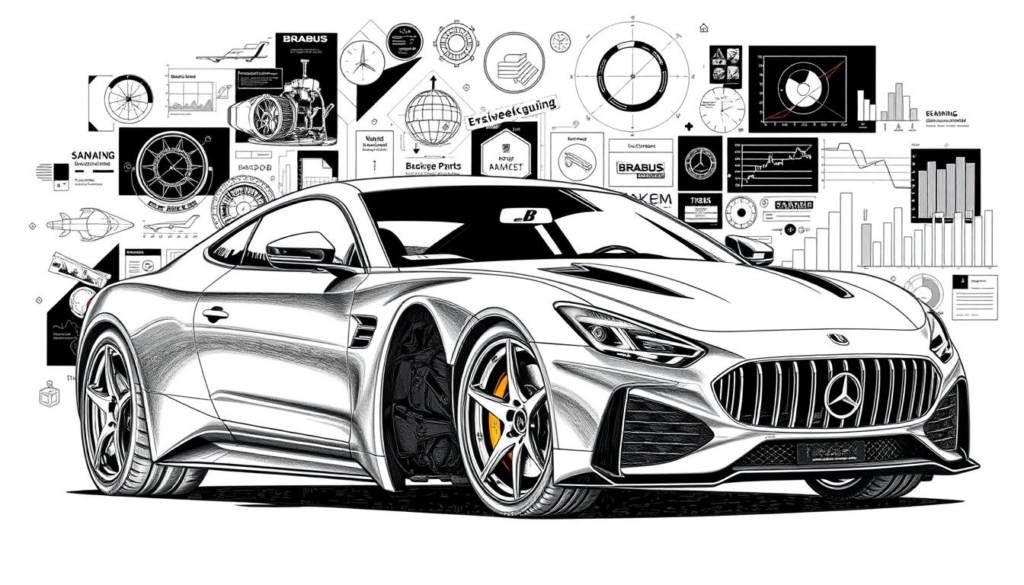 A high-contrast black and white illustration of the diverse business fields and investments of the German automotive tuning company Brabus. In the foreground, a detailed rendering of a sleek, high-performance Brabus-tuned luxury vehicle with precise mechanical details. In the middle ground, abstract geometric shapes and icons representing Brabus' other ventures, such as their engineering services, bespoke vehicle parts, and exclusive lifestyle products. In the background, a collage of technical diagrams, engineering schematics, and financial charts that hint at the company's broader diversification strategy and financial standing. The illustration has a precise, technical aesthetic with selective pops of color to highlight key elements. A high-contrast black and white illustration of the diverse business fields and investments of the German automotive tuning company Brabus. In the foreground, a detailed rendering of a sleek, high-performance Brabus-tuned luxury vehicle with precise mechanical details. In the middle ground, abstract geometric shapes and icons representing Brabus' other ventures, such as their engineering services, bespoke vehicle parts, and exclusive lifestyle products. In the background, a collage of technical diagrams, engineering schematics, and financial charts that hint at the company's broader diversification strategy and financial standing. The illustration has a precise, technical aesthetic with selective pops of color to highlight key elements.