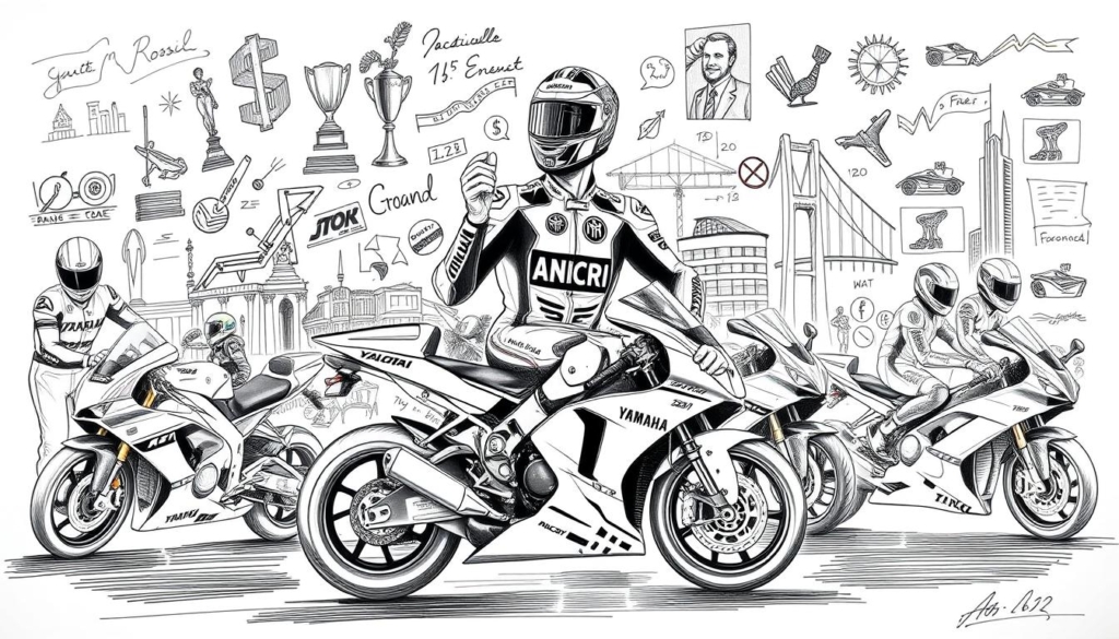 A high-contrast black and white illustration showcasing the diverse income streams of the legendary Italian motorcycle racer Valentino Rossi. In the foreground, depict his racing career with detailed sketches of his iconic Yamaha and Ducati bikes, trophies, and racing suits. In the middle ground, include visual representations of his endorsement deals, merchandising, and investments. In the background, subtly incorporate colorful accents highlighting his media appearances, speaking engagements, and other business ventures. Render the entire scene in a dynamic, technical illustration style with a focus on conveying the breadth and depth of Rossi's financial empire.