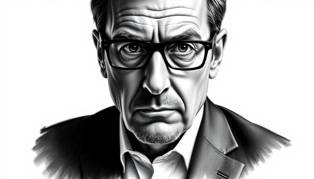 A high-contrast black and white portrait of RSM Marko Rennstall, the renowned motorsports manager. His focused gaze and determined expression convey a sense of intensity and purpose. The image is rendered in a detailed, photorealistic style, with subtle colored accents highlighting specific details like the texture of his suit or the lines on his face. The lighting is dramatic, creating deep shadows and highlights that accentuate the subject's features. The composition places Rennstall in the center, with a clean background that allows the viewer to focus on his commanding presence. The overall mood is one of authority and professionalism, reflecting Rennstall's role in the world of motorsports management.