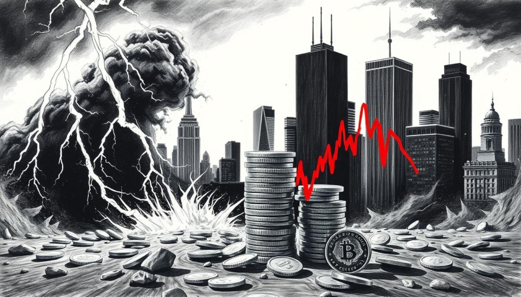 A high-contrast black and white scene depicting the turbulent impact of controversies on financial stability. In the foreground, jagged lightning bolts and storm clouds symbolize the volatility, while in the middle ground, a stack of coins teeters precariously, its stability threatened by the ominous atmosphere. The background features a cityscape, its skyscrapers rendered in stark monochrome, casting long, foreboding shadows. Splashes of vibrant color, like the red of a falling stock chart or the glint of gold, punctuate the gloomy palette, heightening the sense of financial peril. The overall tone is one of unease and uncertainty, reflecting the delicate balance between reputation, trust, and fiscal wellbeing.
